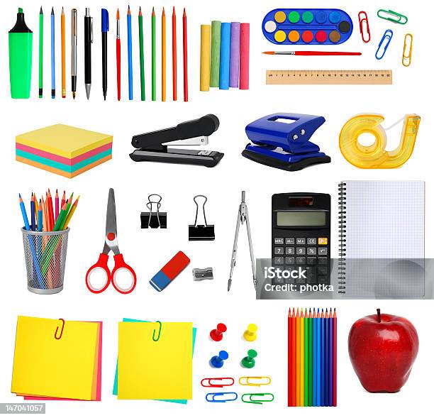 Artículos De Oficina Foto de stock y más banco de imágenes de Material escolar - Material escolar, Recortable, Fondo blanco