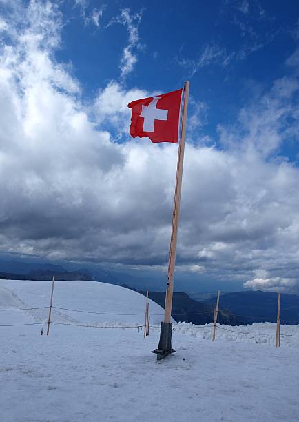 istock swiss flag over mountains 147041167