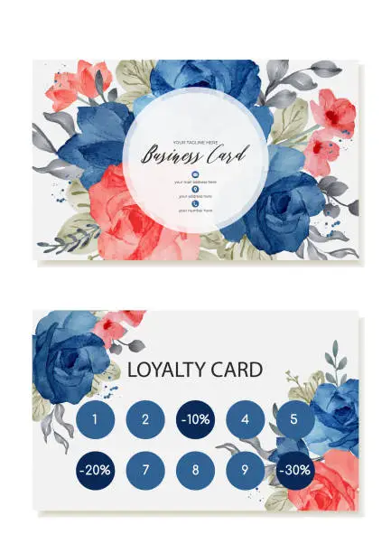 Vector illustration of Loyalty discount client business card with watercolor blue roses. Vector template