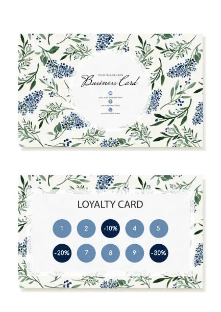 Vector illustration of Discounted loyalty card with watercolor blue wildflowers and rustic leaves. Vector
