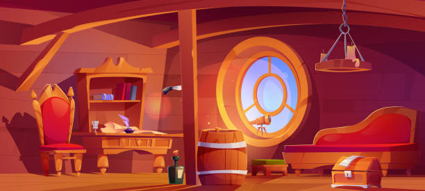 Pirate ship cabin interior with porthole Pirate ship cabin interior with table, chair, sofa, telescope, treasure chest, barrel and bottle. Empty captain room on boat with wooden beams and porthole, vector cartoon illustration old ship cartoon stock illustrations