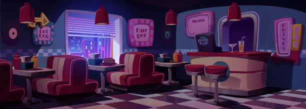 Vector illustration of Dark retro cafe interior at night