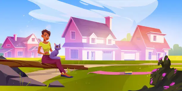 Vector illustration of Girl with cat sitting on log on green lawn