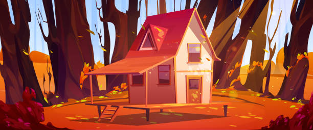 istock Autumn forest landscape with rural house on glade 1470416883
