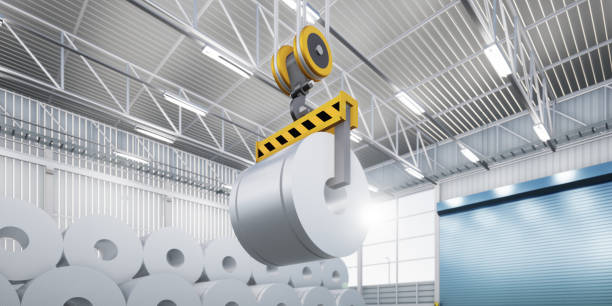 istock 3d rendering of roll steel and overhead crane in manufacturing or production process. 1470417866