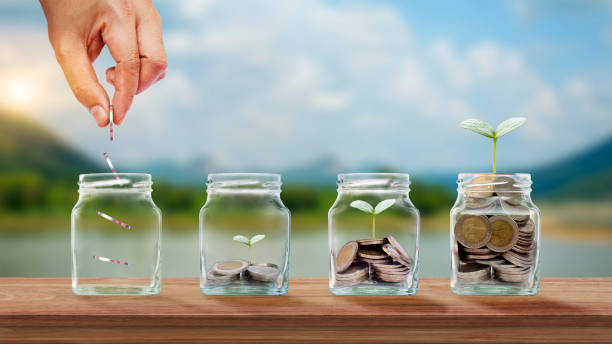 istock Hand holding a silver coin in a jar where money grows and a tree that grows in a jar to save money. Business Savings 1470418619