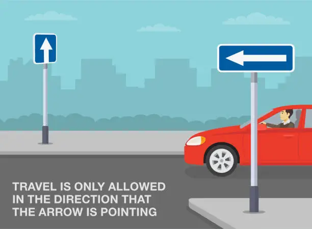 Vector illustration of Red car is traveling straight on one way road. Travel is allowed in the direction that the arrow is pointing.