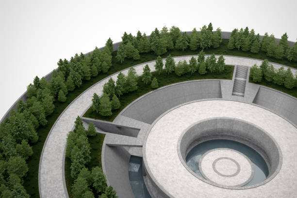 istock Sunken circle plaza with meadow and tree in top view. 1470419492
