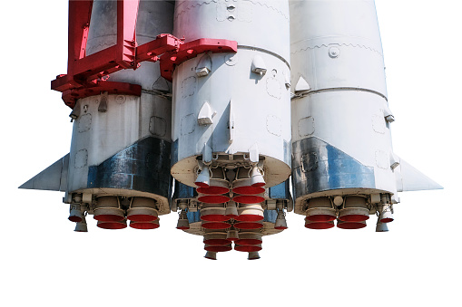 Vostok rocket engine nozzle at VDNKh, isolated on a white background