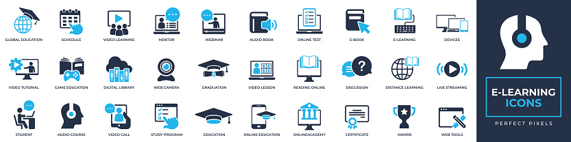E-Learning icons set. Containing e-book, audio course, streaming, education, school, certificate and more solid icons collection. Vector illustration. For website design, app, template, ui, etc.