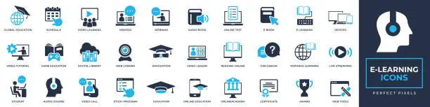 Vector illustration of E-Learning icons set. Containing e-book, audio course, streaming, education, school, certificate and more solid icons collection. Vector illustration. For website design, logo, app, template, ui, etc.