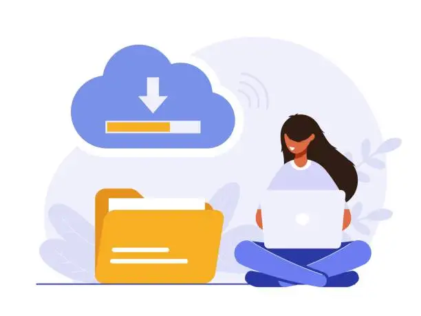 Vector illustration of Cloud technology illustration concept. People exchanging files via Internet. Cloud service, online data storage and transfer, information backup. Modern flat vector illustration.