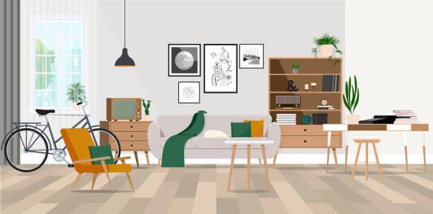 illustrazioni stock, clip art, cartoni animati e icone di tendenza di illustrazione retro soggiorno design con vecchia tv, armadio e radio insieme a zona di lavoro con macchina da scrivere - wallpaper retro revival living room decor