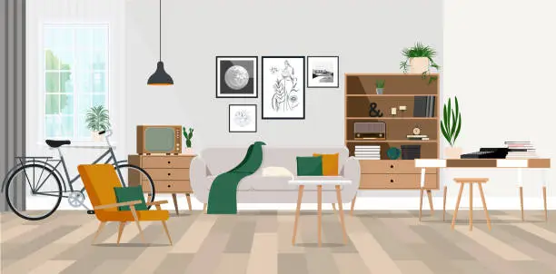 Vector illustration of Illustration retro living room design with old tv, cabinet and radio along with work area with typewriter