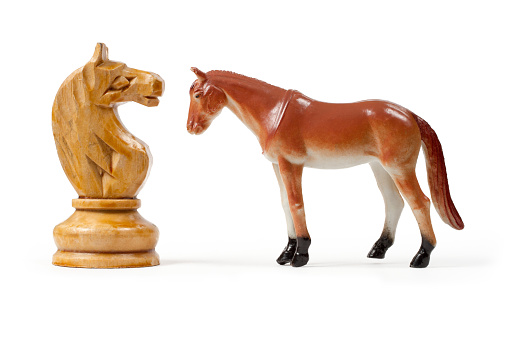 A chess horse and a toy horse on a white background. Figures of a horse and a mare on a white background.