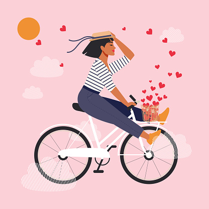 A woman in love and a happy in a striped sweatshirt and a straw hat on a white bicycle soars in the clouds. A cute girl enjoys life, summer and radiates positive energy. Vector.