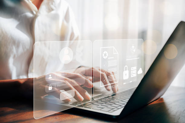 istock Businessmen protecting personal data on laptop and virtual interfaces. 1470427525