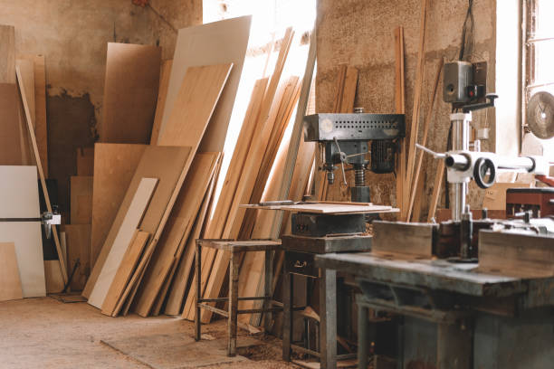 istock Carpentry shop interior with wood and tools 1470429335