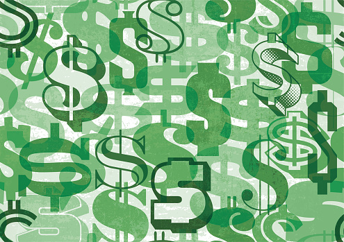 Million Dollars Seamless Pattern with USD Dollar Sign. Raining money stack grunge background. Horizontal version.