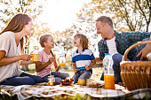 Happy family enjoying in talk on a picnic in spring day.
