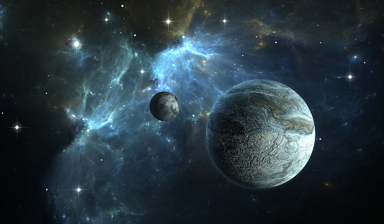 Extrasolar planet. Stone Planet with moon on background nebula.