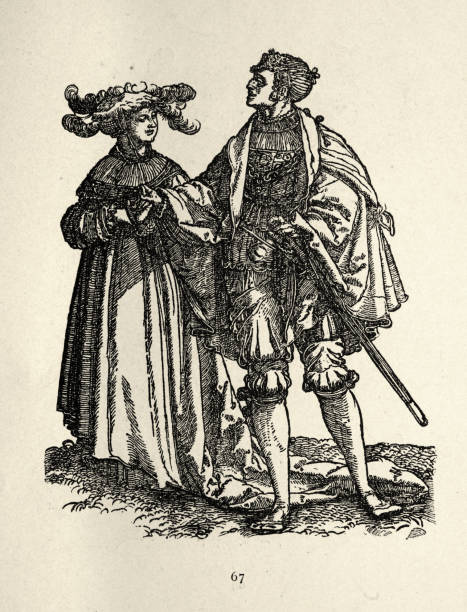 Couple in historical costume, German, 16th Century, wearing Dress with feathers in hat, doublet and breeches Vintage illustration The wedding dancers by Hans Schaufelein, etching, german 16th Century art drawing of a women wearing garter belts stock illustrations