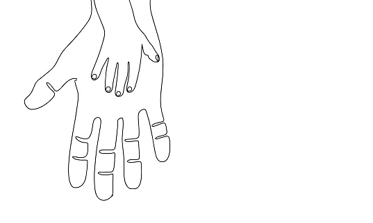 Line art two hands adult and child. Outline one continuous line. Baby hand on father's hand. Mother's hand and baby hand. Vector illustration.