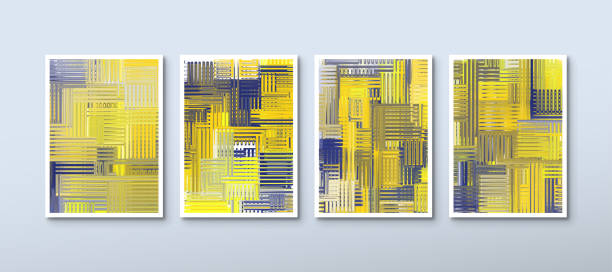 zestaw abstrakcyjnych żółtych i niebieskich plakatów akwarelowych do dekoracji ścian. nowoczesne ręcznie rysowane tło - wall decor stock illustrations