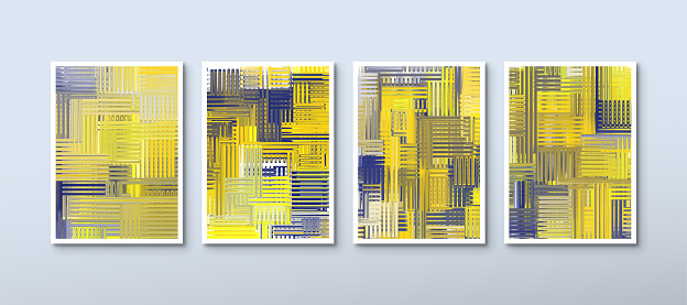 Set of abstract yellow and blue watercolor posters for wall decoration. Modern hand-drawn background