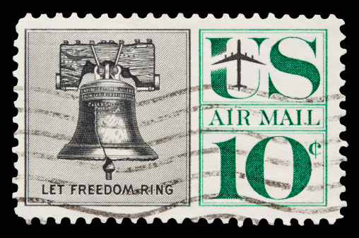 A 1960 issued 10 cent United States Airmail postage stamp showing the Liberty Bell.