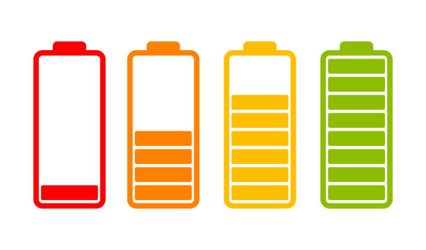 illustrazioni stock, clip art, cartoni animati e icone di tendenza di icone dell'indicatore del livello di carica della batteria - batteria fornitura di energia