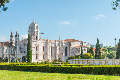 Lisbon, Jeronimos Monastery or Hieronymites, Portugal. Gothic abbey in Belem district, Lisboa in sunny day. Travel destination