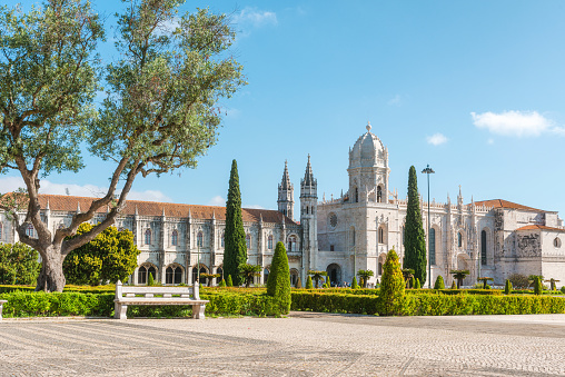 Jeronimos monastery or Hieronymites UNESCO world heritage site, in Lisbon, Portugal. Medieval gothic abbey in Lisboa. Travel destination