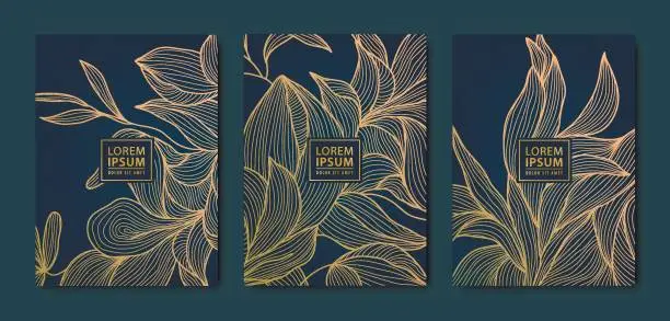 Vector illustration of Vector japanese leaves art deco patterns. Floral golden elements template in vintage style. Luxury black line covers, flyers, brochures, packaging design, social media post, banners.
