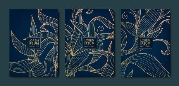 Vector illustration of Vector japanese leaves art deco patterns. Floral golden elements template in vintage style. Luxury black line covers, flyers, brochures, packaging design, social media post, banners.