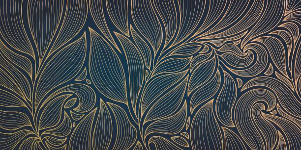 Vector golden leaves botanical modern, art deco wallpaper background pattern. Line design for interior design, textile, texture, poster, package, wrappers, gifts. Luxury. Japanese style Vector golden leaves botanical modern, art deco wallpaper background pattern. Line design for interior design, textile, texture, poster, package, wrappers, gifts. Luxury. Japanese style palm print stock illustrations