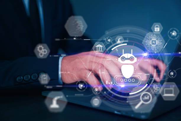 istock Businessman work with laptop. Digital chatbots provide access to information and data to online network, robot applications, and global connection, Artificial intelligence, innovation, and technology 1470438674