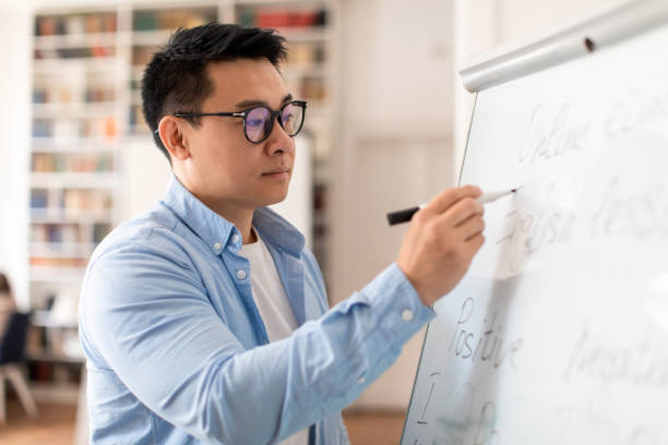 istock Korean Teacher Man Writing Grammar Rules On Whiteboard In Classroom 1470440714