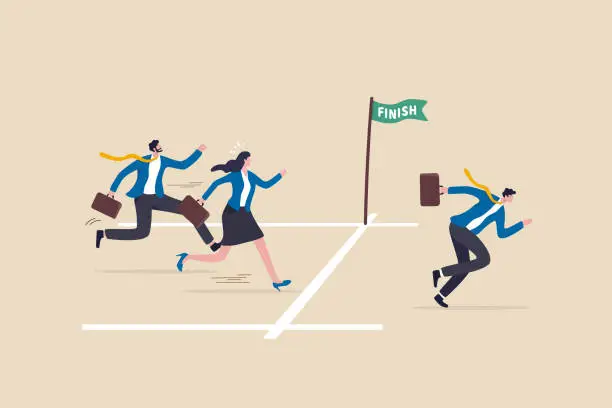 Vector illustration of Go extra miles or extra step ahead the goal, push more effort to ensure succeed, exceed or beyond expectation, dedication concept, businessman running extra mile from finish line to ensure success.