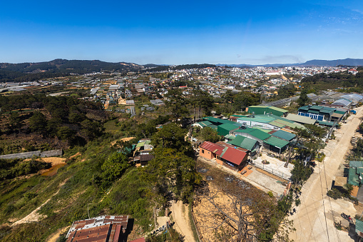 An aerial shot looking down over a large residential suburb near Somerset West in Cape Town