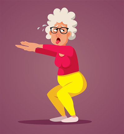 Tired sweating elderly lady trying to do gymnastics moves to improve her condition