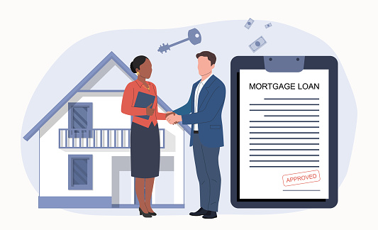 Mortgage loan approval concept. A black woman and a white man shake hands against the backdrop of a purchased house. Vector illustration.