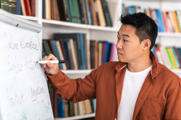 istock Chinese Male Tutor Writing On Whiteboard Having Class In Classroom 1470444570
