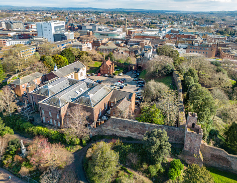 11th Century Fortress in Exeter, Devon UK. With ancient Roman Wall ruins in foreground.