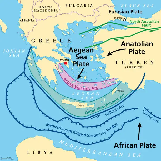 Vector illustration of Aegean Sea Plate, also known as Aegean or Hellenic Plate, tectonic map