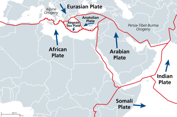 ilustrações de stock, clip art, desenhos animados e ícones de mediterranean basin, middle east and north africa, tectonic map - plate tectonics