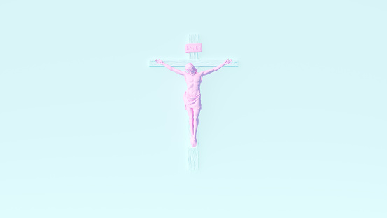 Pink Jesus Christ Crucifix Cross Blue Background Easter Religion Symbol 3d illustration render