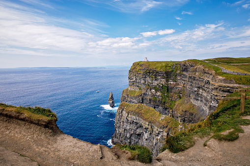 Spectacular Cliffs of Moher are sea cliffs located at the southwestern edge of the Burren region in County Clare, Ireland. Wild Atlantic way.