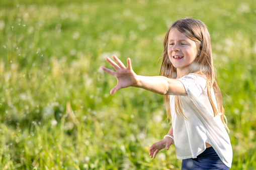 Smiling girl playing with dandelion seeds in meadow during sunny day.