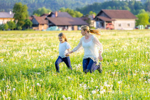 Girl playing with her mother in dandelions meadow during sunny day.